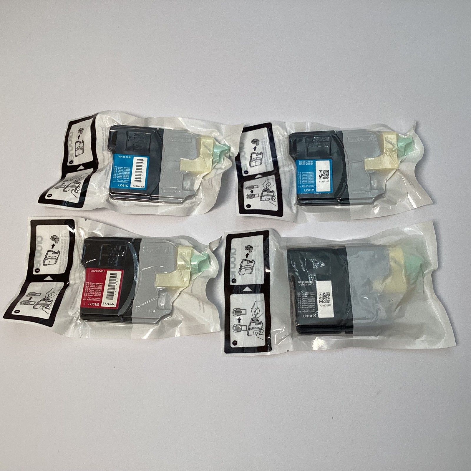 (Lot of 4) Genuine Brother LC61 Ink Cartridges: 2 Cyan, 1 Magenta & 1 Black, OEM