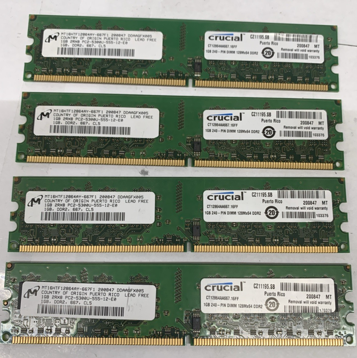 LOT OF 4 Crucial CT12864AA667-16FF 1GB DDR2 PC2-5300U-555-12 Total 4GB (4X1GB)