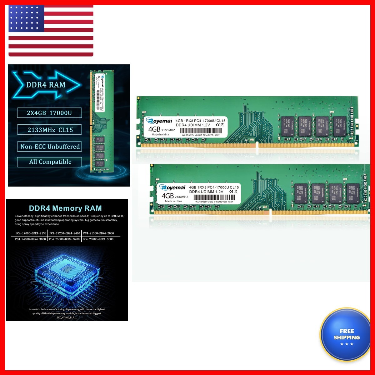 DUOMEIQI 8GB (2x4GB) DDR4 2133MHz PC4-17000 UDIMM 288 Pin Desktop RAM