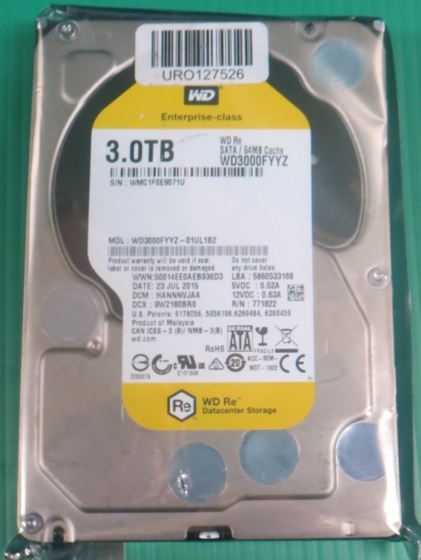 Western Digital WD Re 3TB / 64MB / SATA / 7200RPM / 3.5" HDD WD3000FYYZ / Refurb