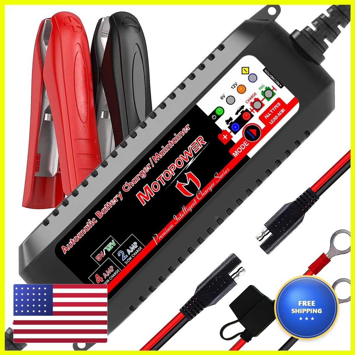 MOTOPOWER MP00207 6V and 12V 4AMP Automatic Smart Battery Charger