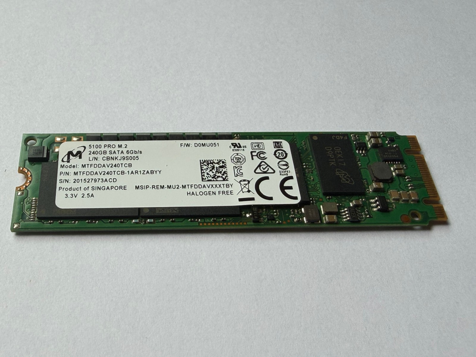 Micron 5100 PRO 240GB M.2 2280 SATA 6Gb/s MTFDDAV240TCB-1AR1ZABYY NGFF SSD