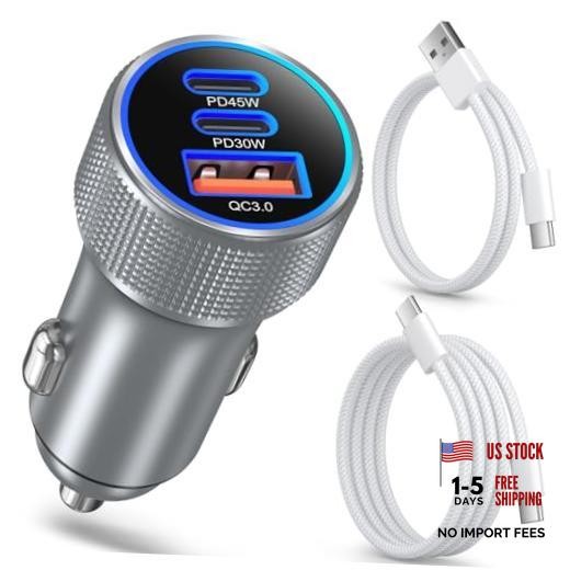 93W Car Charger USB C Fast Charge,3-Port Fast iPhone Car Charger with Cable Gray