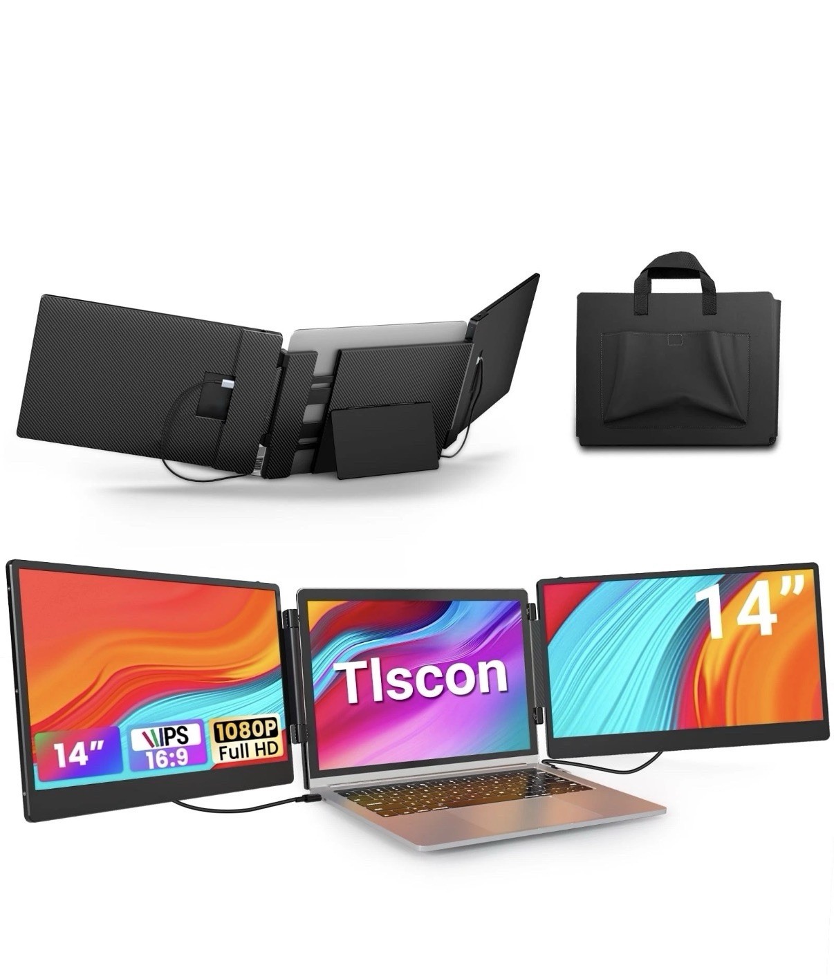 Tlscon TZP-S3 Portable Monitor, 14.1-Inch IPS Triple Screen Extender, Full HD
