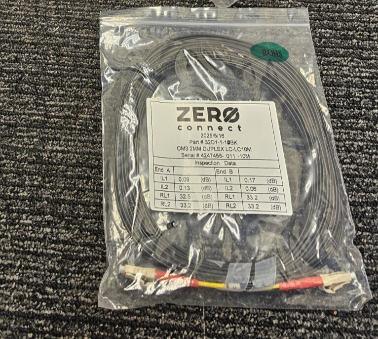 (QTY 3) Zero Connect 10m LC/UPC-LC/UPC OM3 Duplex Fiber Optic Patch Cable