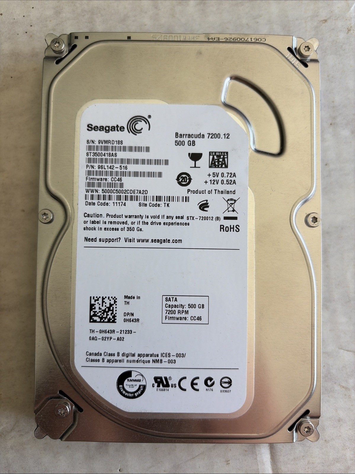 ST3500418AS  9SL142-240 500GB 3.5" SATA 2012 SEAGATE APPLE 655-1564F MAC READY