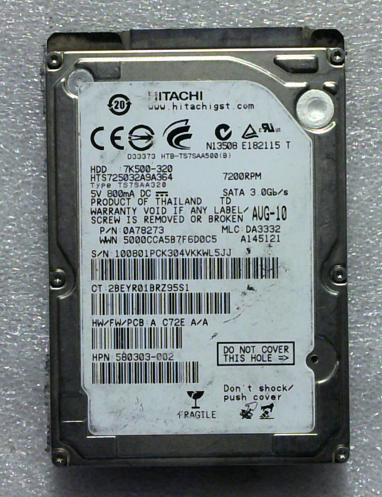 Hitachi - HTS725032A9A364 - 320GB - 0A78273 - SN: VKKWL5JJ