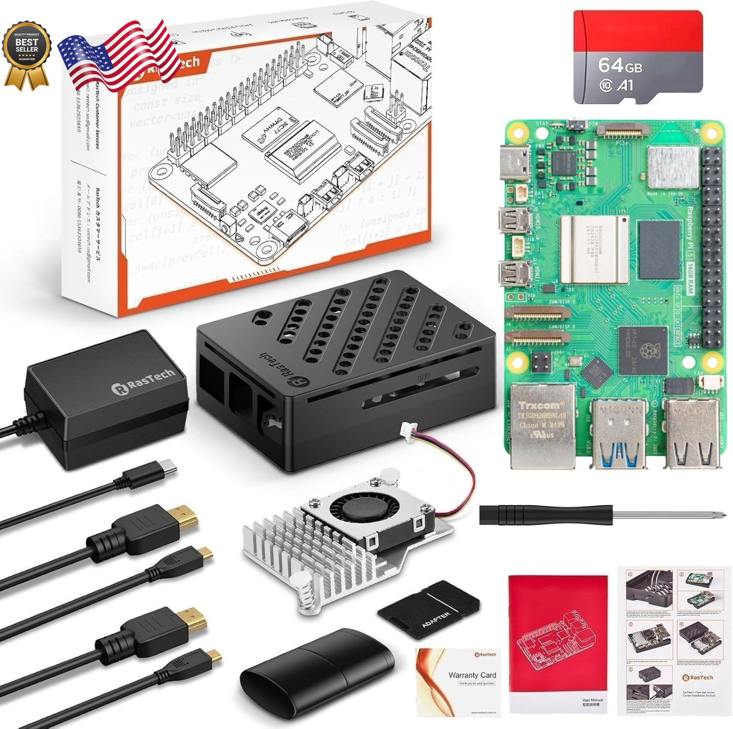 Rastech Raspberry Pi 5 16GB Kit 64GB Edition with Active Cooler,Gan 27W 5.1V5A