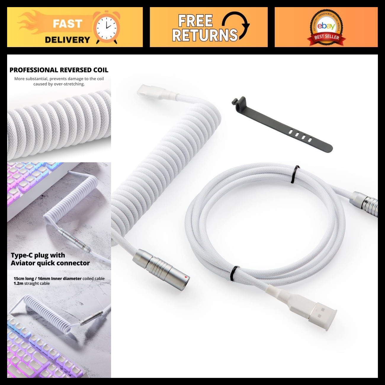 Custom Coiled USB C Cable for Gaming Keyboard, 1.5M, Detachable Metal Aviator, W