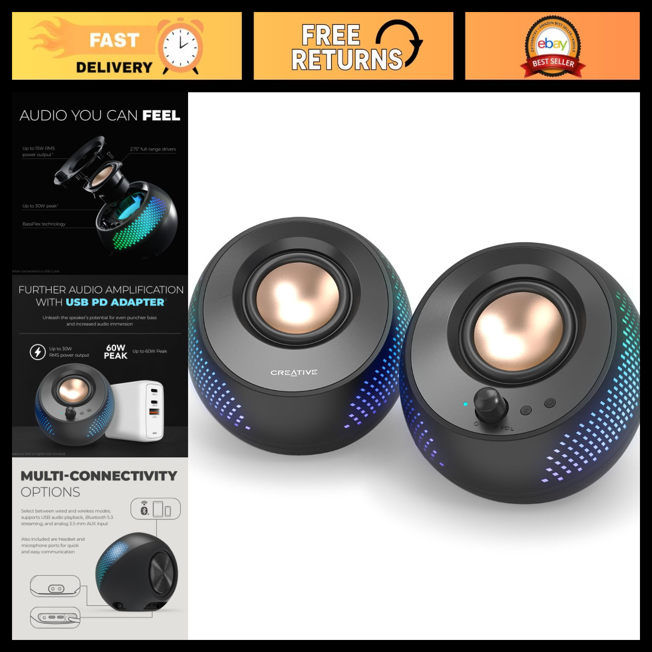 USB-C Computer Speakers with Bluetooth 5.3, RGB Lighting, Compact Design