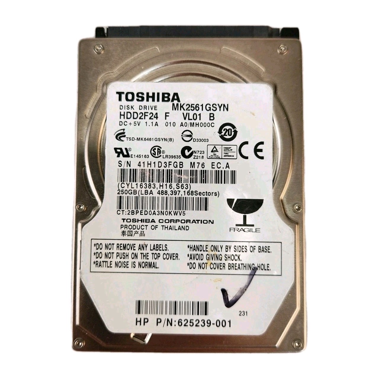 Toshiba 250GB HDD PN: MK2561GSYN 2.5" SATA II Laptop Hard Drive