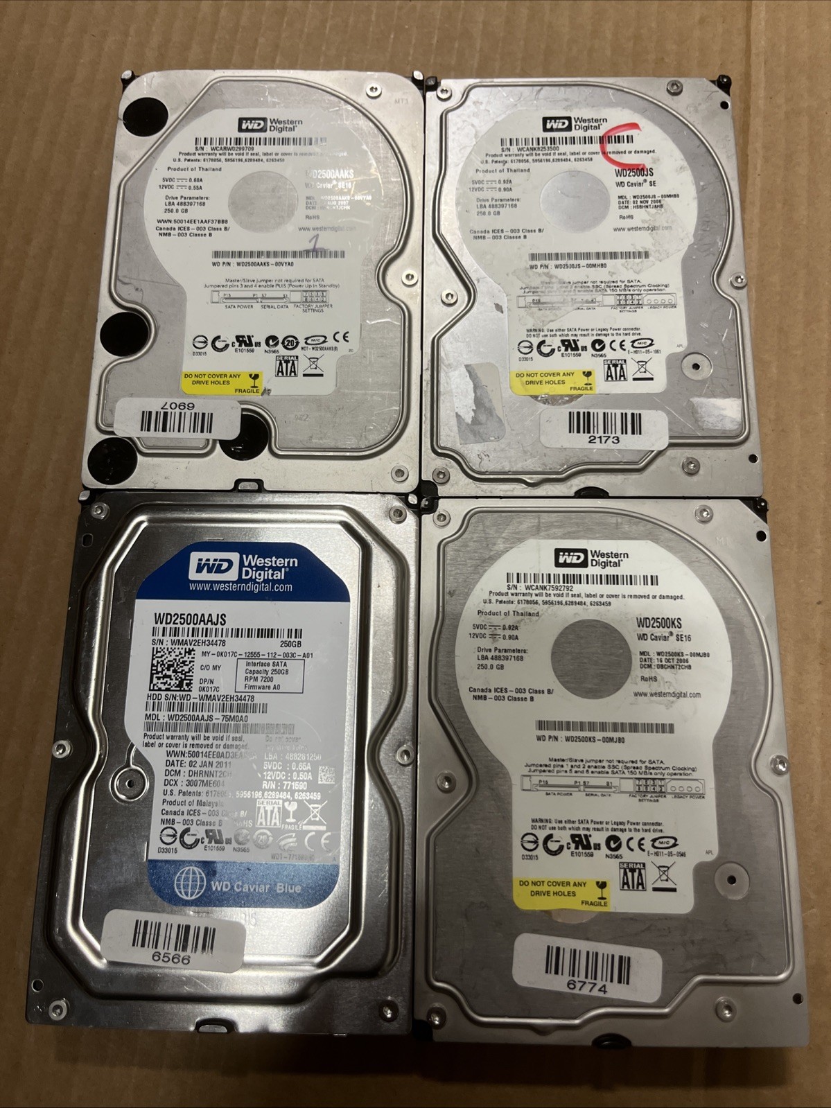 LOT of (4) WD 250GB Desktop Hard Drives WD2500AAKS,WD2500AAJS,WD2500JS, WD2500KS