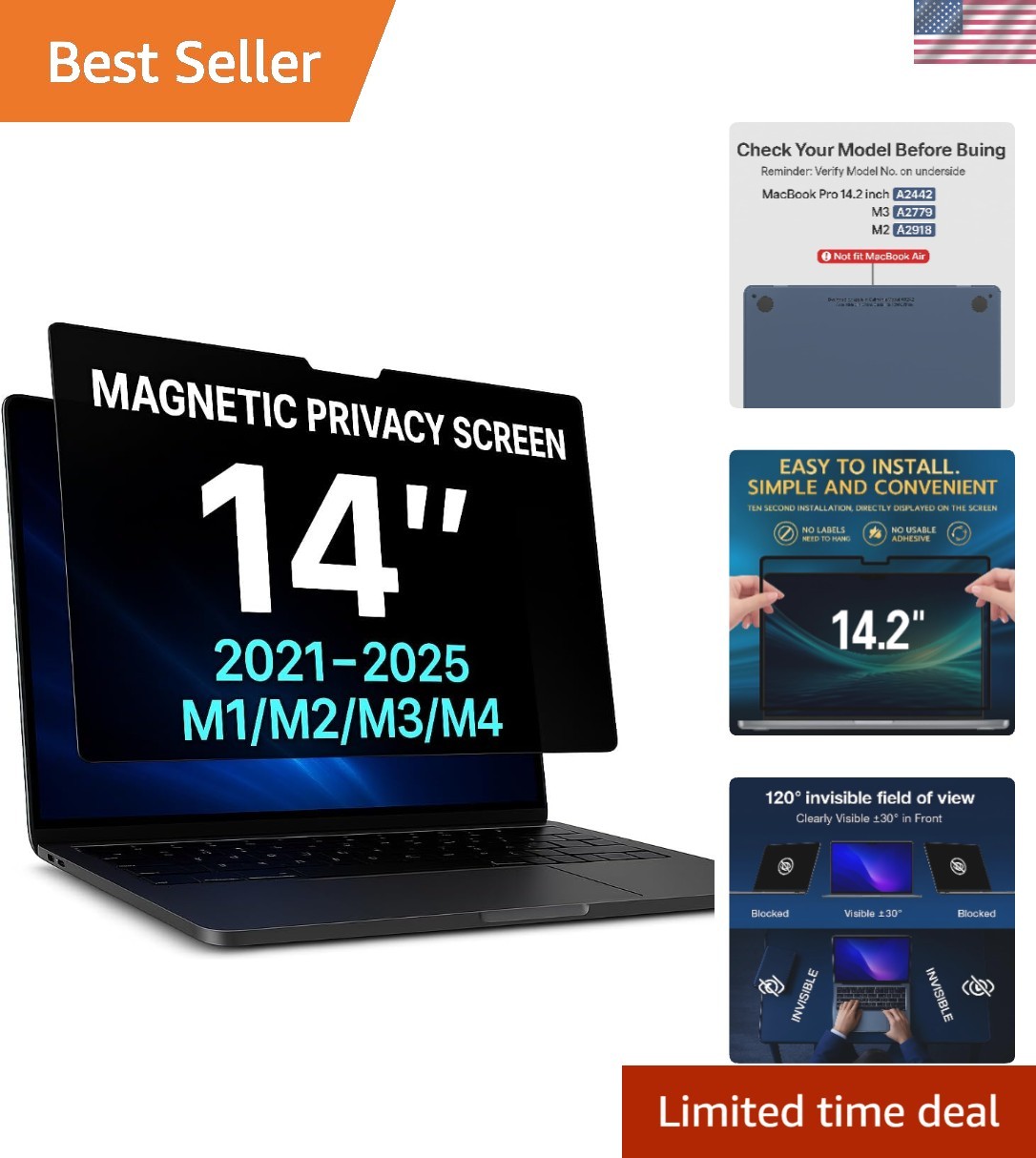 Magnetic Privacy Screen for MacBook Pro 14'' - Blue Light Blocking Anti-Spy F...