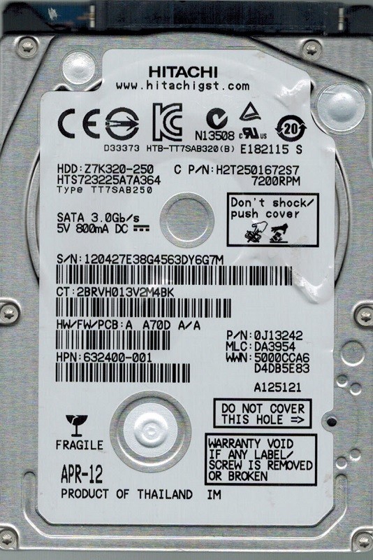 Hitachi HTS723225A7A364 P/N: 0J13242 MLC: DA3954 250GB