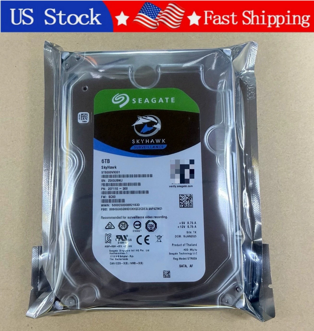 New Seagate ST6000VX001 SkyHawk 6TB 256MB Cache 3.5" SATA 6Gb/s Surveillance HDD