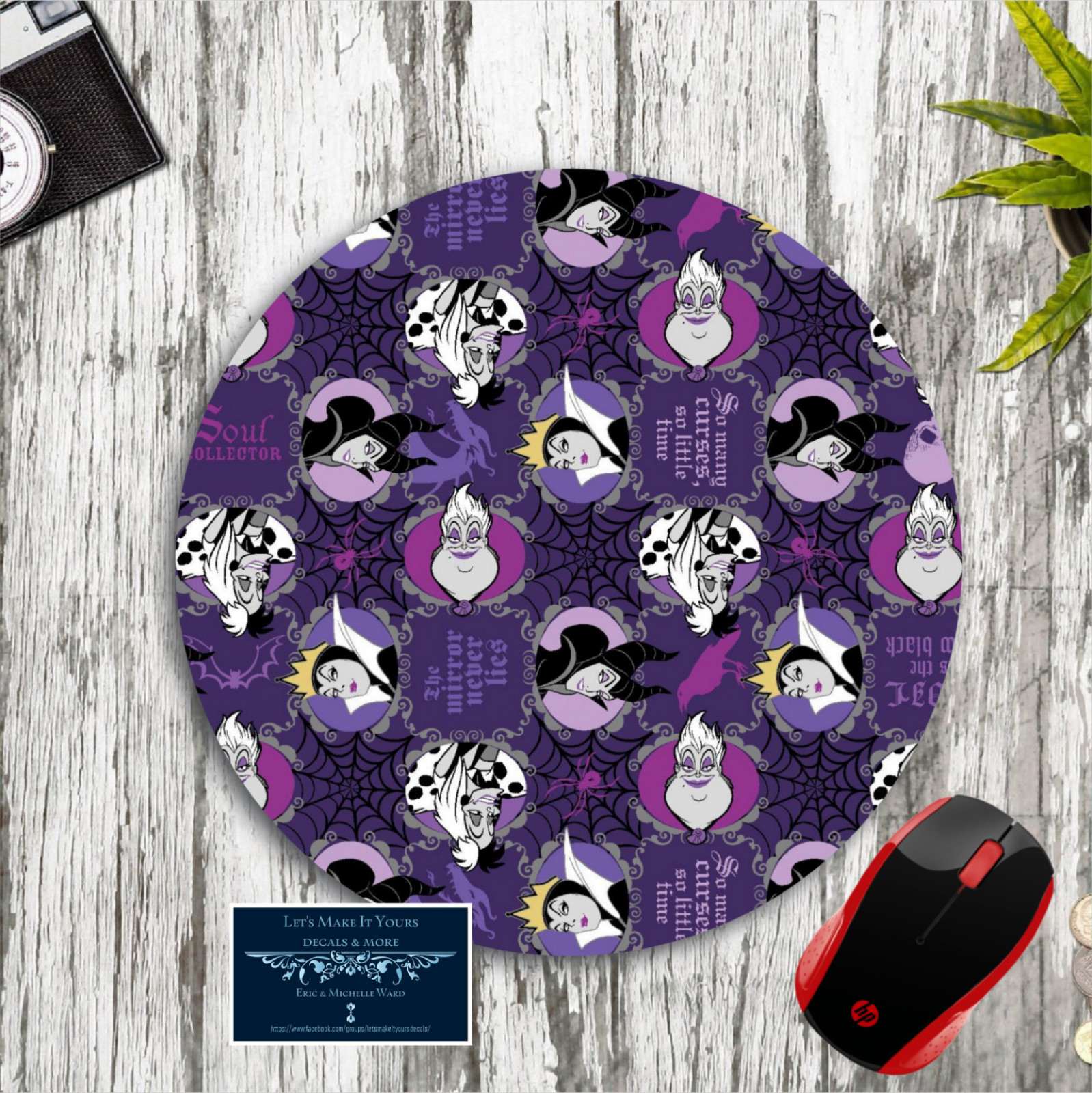 DISNEY VILLAINS INSPIRED PURPLE CUSTOM ROUND MOUSE PAD DESK MAT SCHOOL OFFICE