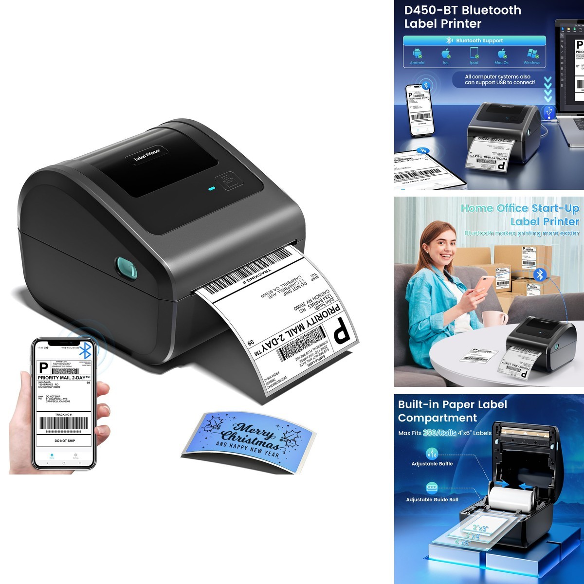 Omezizy D450BT Bluetooth Shipping Label Printer with Built-in Label Bin