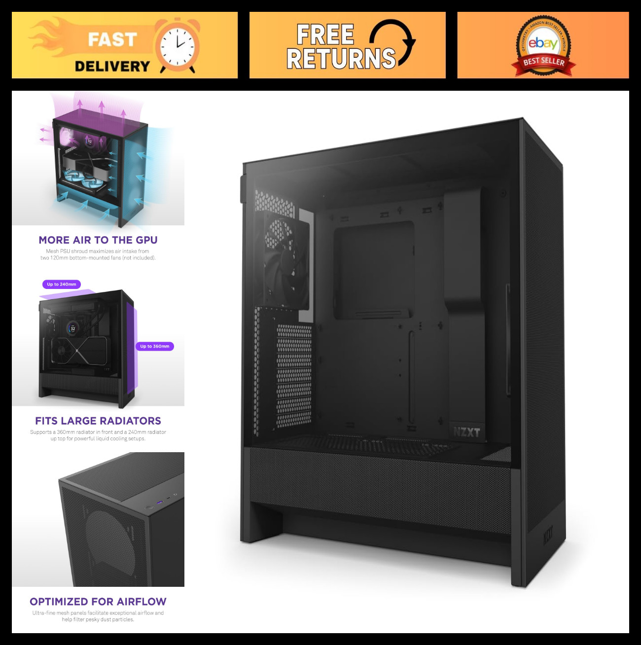 Compact ATX Mid-Tower PC Case - Black, 2x 120mm Fans, 360mm Radiator Support, Te