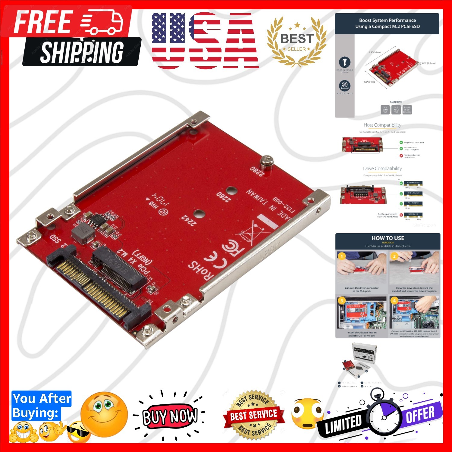 M.2. PCI-e NVMe to U.2 SFF-8639 Adapter - Not Compatible with SATA Drives or ...