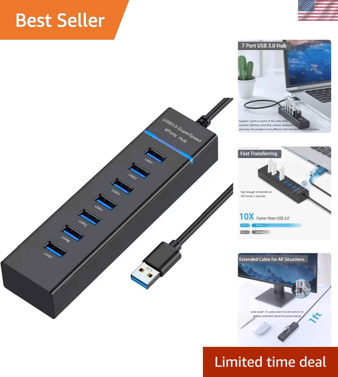 VIENON 7-Port USB Data Hub Splitter High Speed 7-Port USB 3.0 HUB Expansion