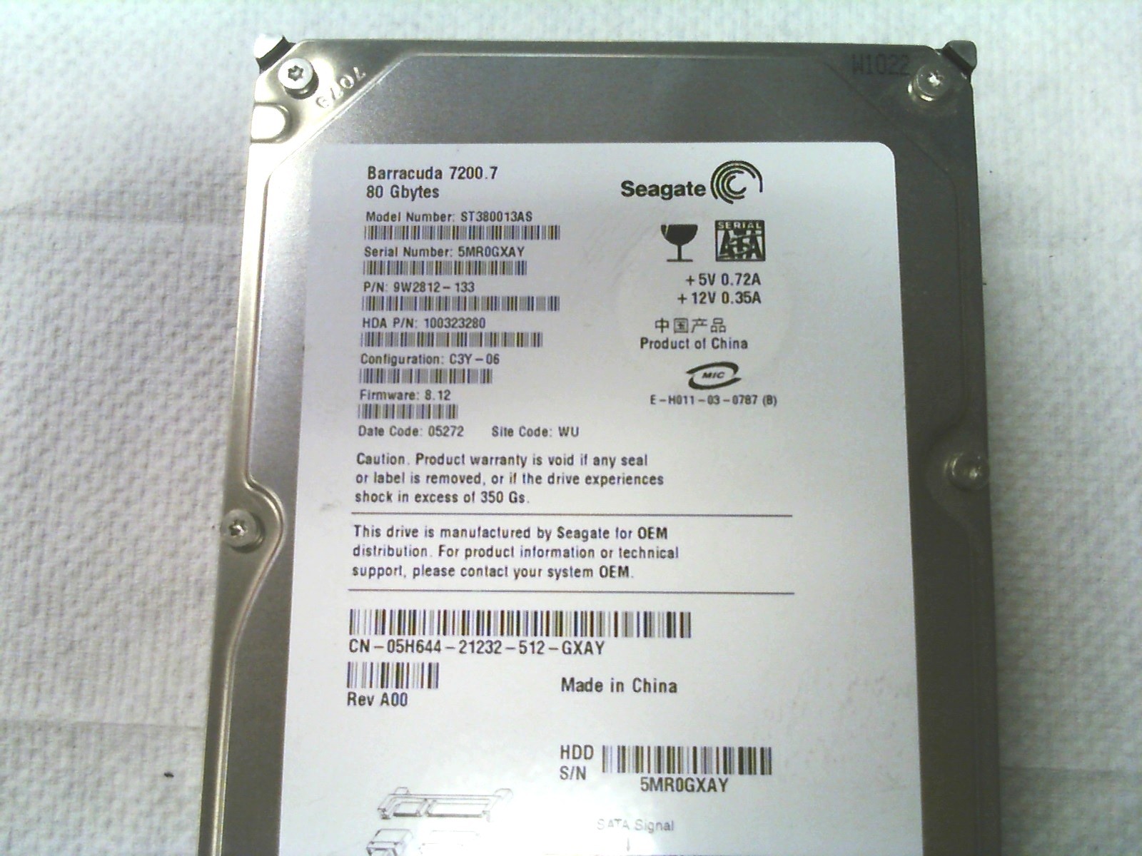 Seagate ST380013AS 80GB 9W2812-133 100323280 8.12 05272 SATA HDD Dell 05H644