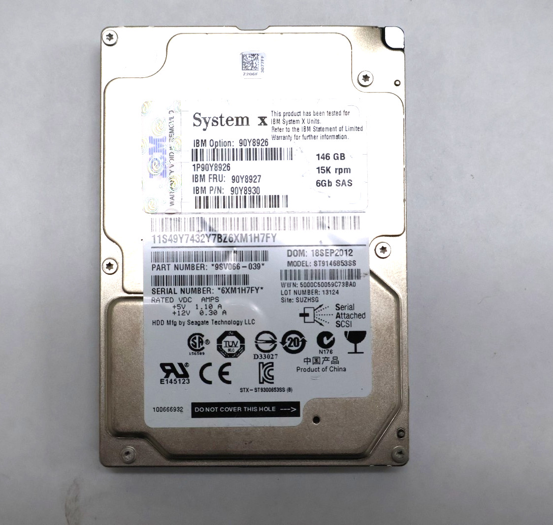 IBM System x ST9146853SS 146GB 15K RPM 6Gbps SAS 2.5" Hard Drive 90Y8926 