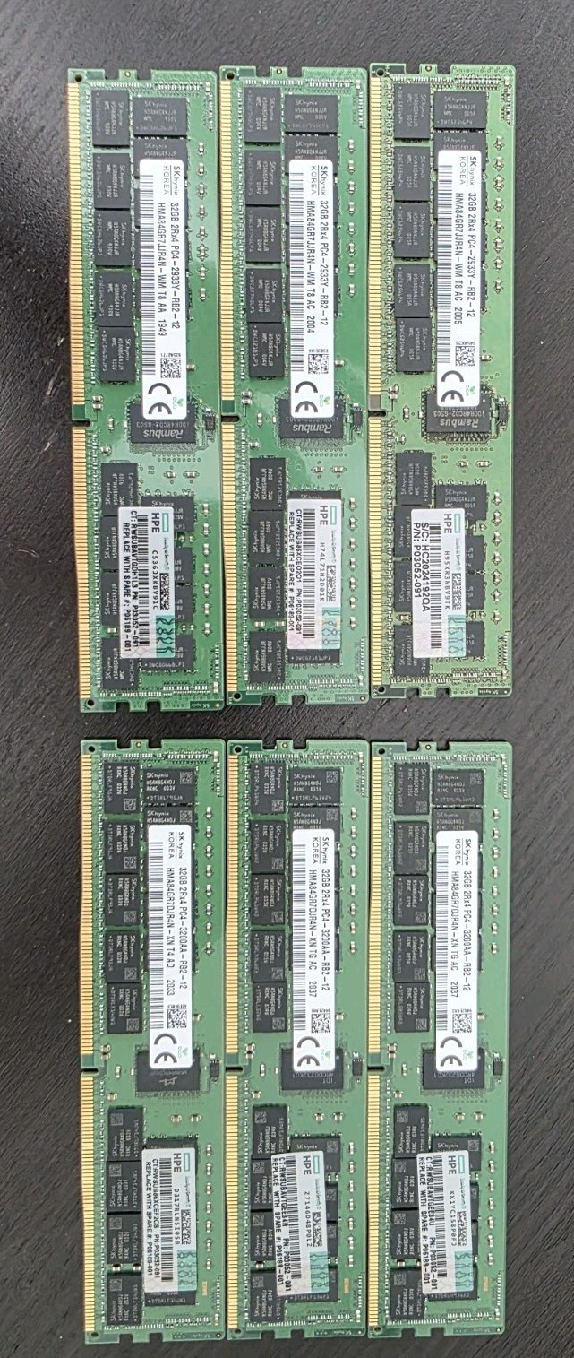 6x HPE P03052-091 32GB 2Rx4 PC4 2933 3200 DDR4 Server Memory P06189-001 SK hynix