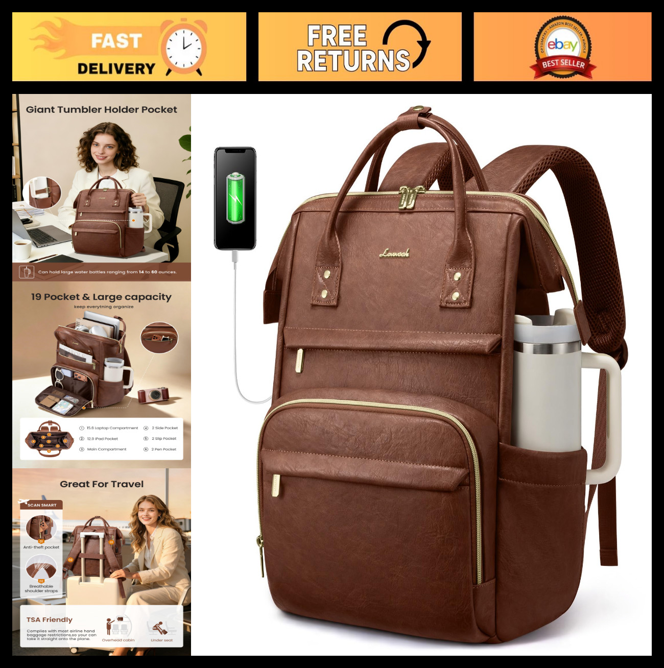 Stylish 17" Water-Resistant Laptop Backpack for Women, USB Port & Large Bottle P