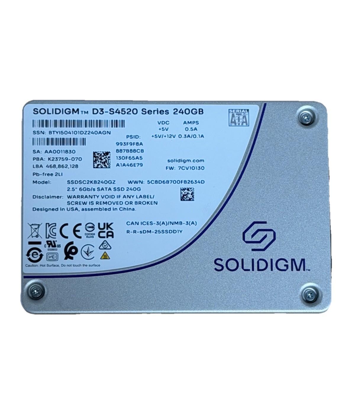 Solidigm D3-S4520 Series 960 GB SSDSC2KB960GZ 2.5” 6Gb/s Sata Solid State Drive