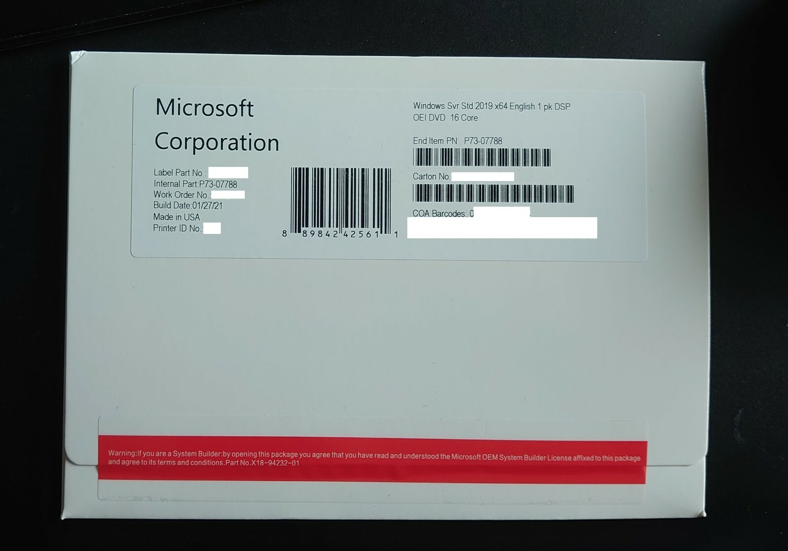 Microsoft Windows Server Standard 2019 64bit 16 Core DVD OEM P73-07788 NEW