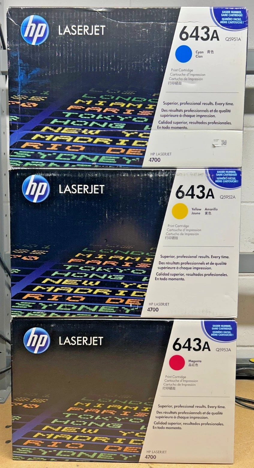Set of Genuine HP Q5951A Cyan + Q5952A Yellow + Q5953A Magenta 643A Toners