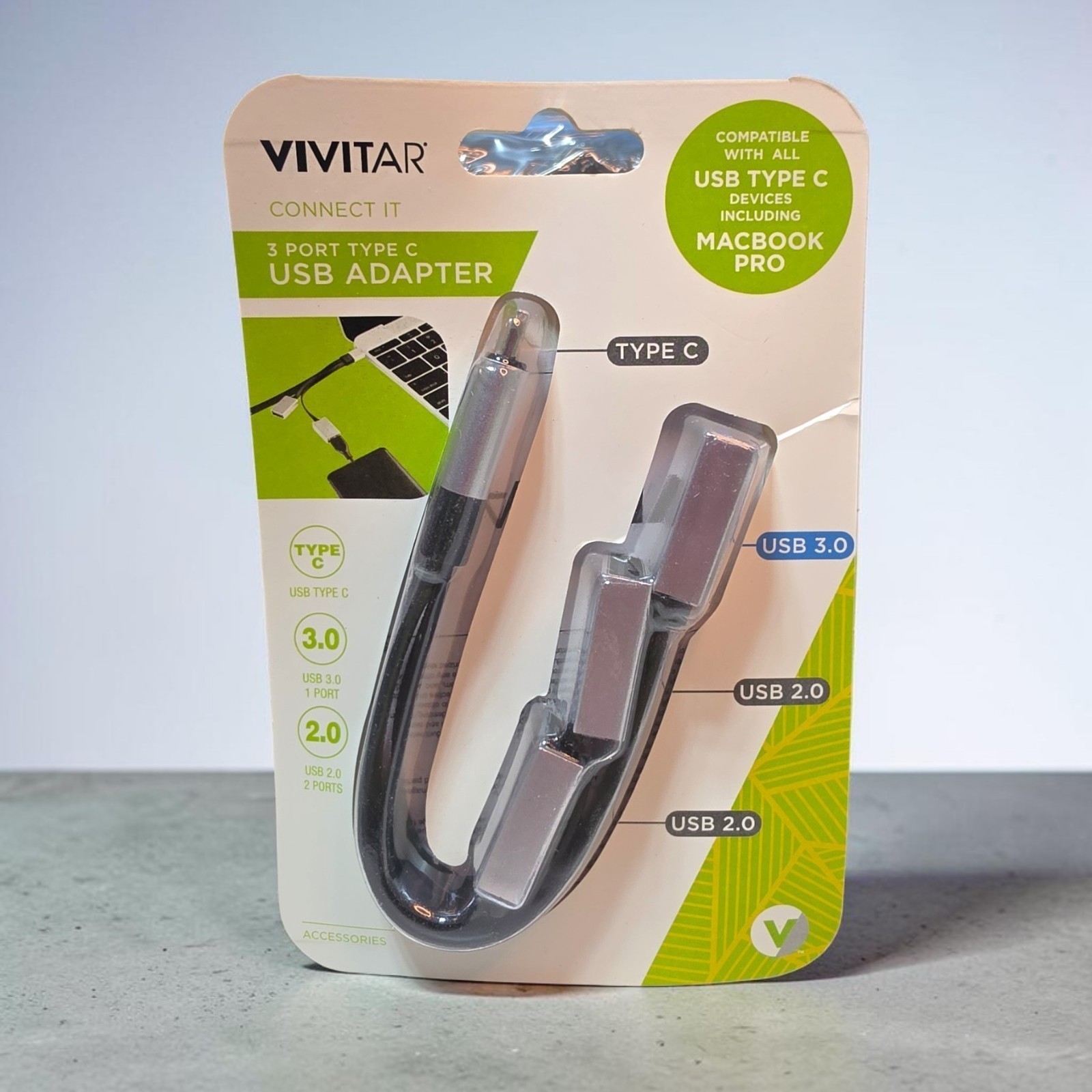 Vivitar Connect It 3-Port USB-C Hub Adapter Type-C to USB 3.0 & 2.0 MacBook Pro