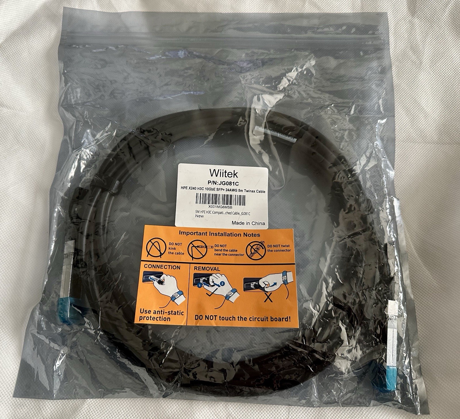 Wiitek HPE X240 H3C 10GbE SFP+ 24AWG 5M Twinax Cable JG081C