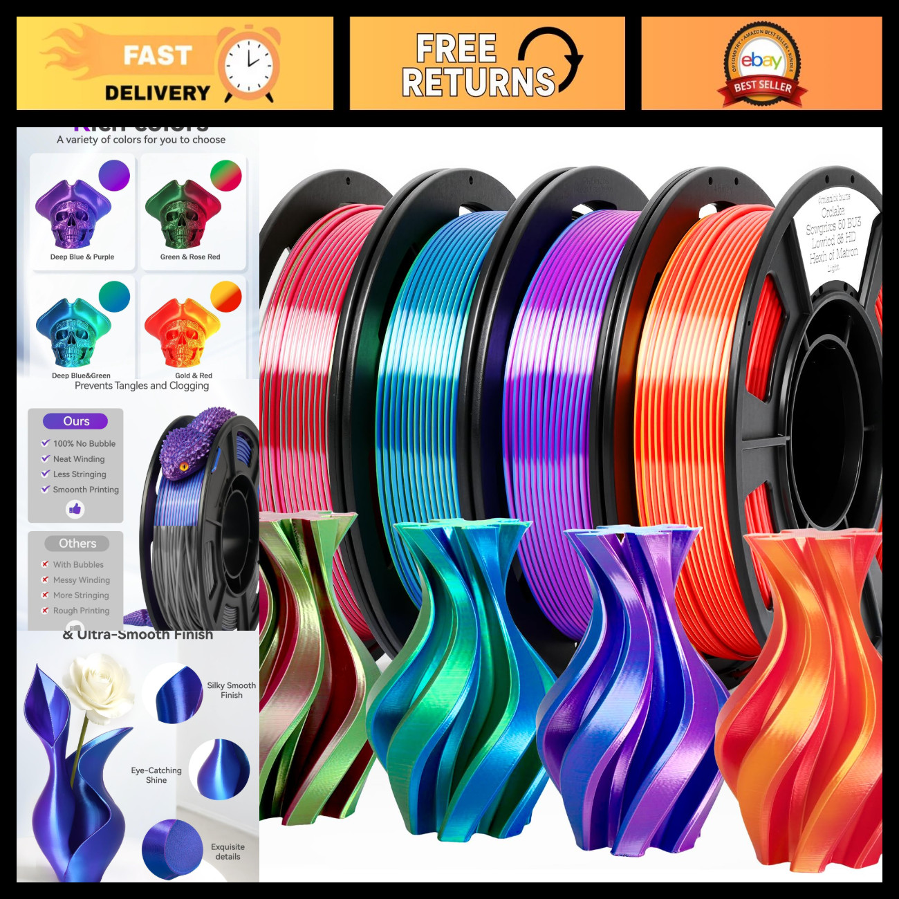 Dual Color Silk PLA 3D Printer Filament Bundle - 4 x 250g, High Quality, Smooth