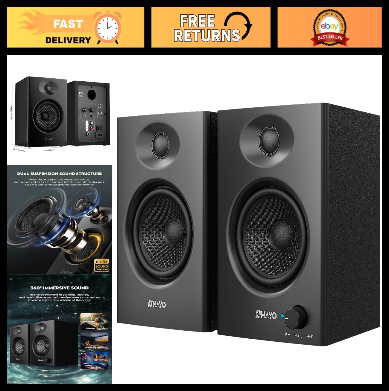 60W Bluetooth 5.3 Computer Speakers, Stereo 2.0 for Music & Gaming, PC/Laptop, A