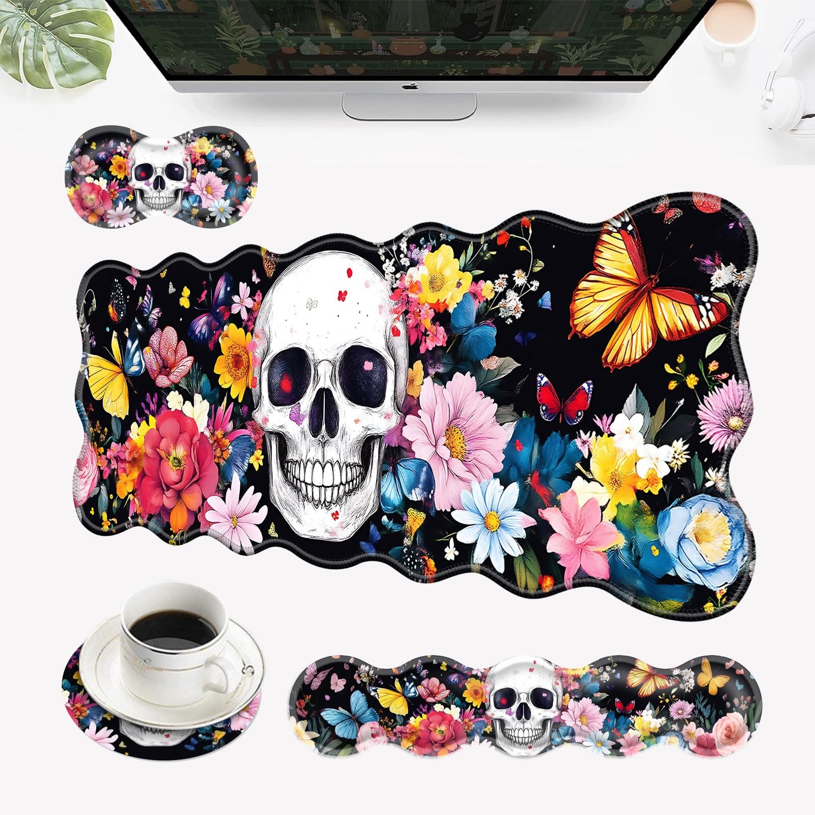 Desk Mat Mouse Pad Wrist Rest 4in1 Large Ergonomic Skull Flowers Butterflies
