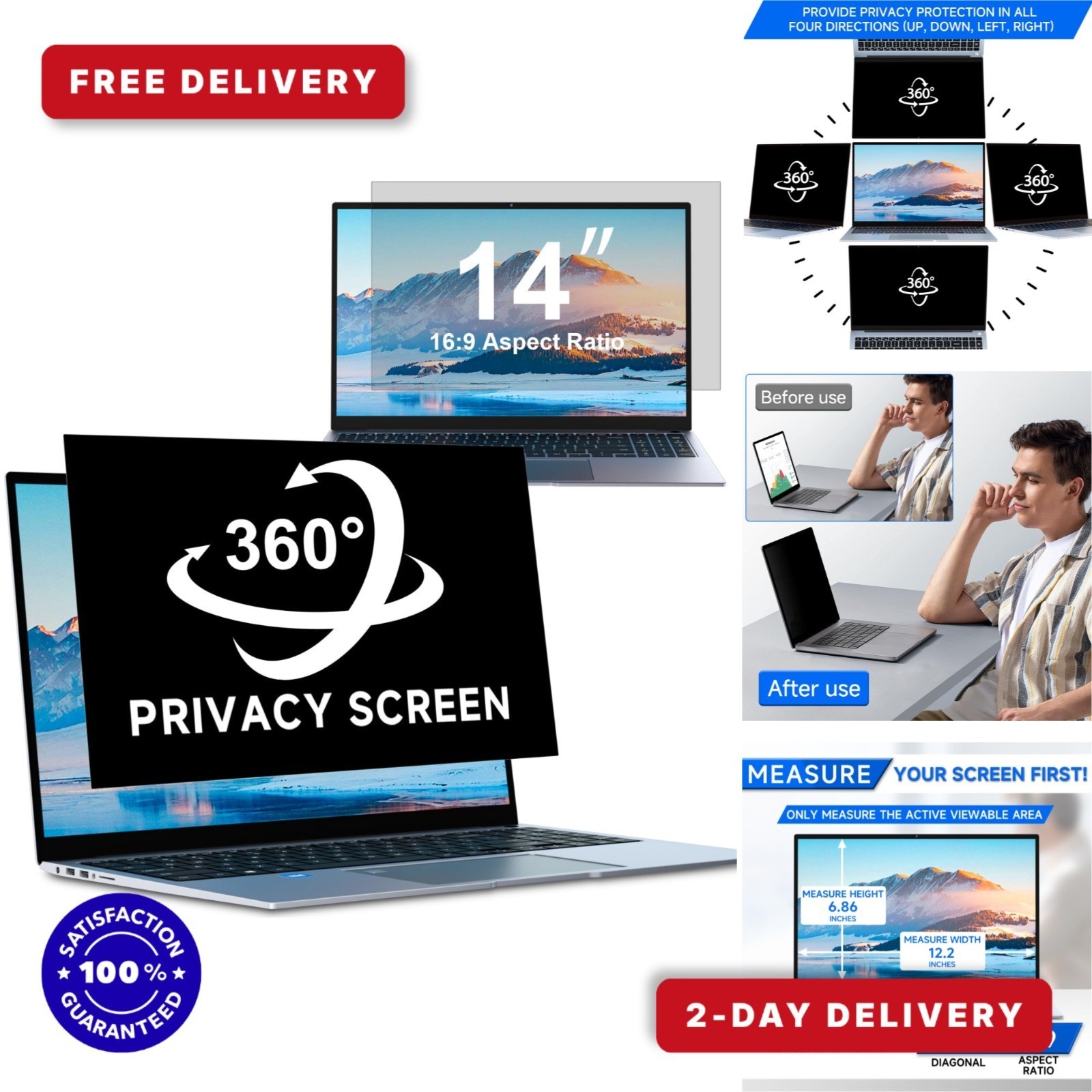 ZOEGAA 14in Laptop Privacy Screen 4-Way 360° Anti-Glare Blue Light