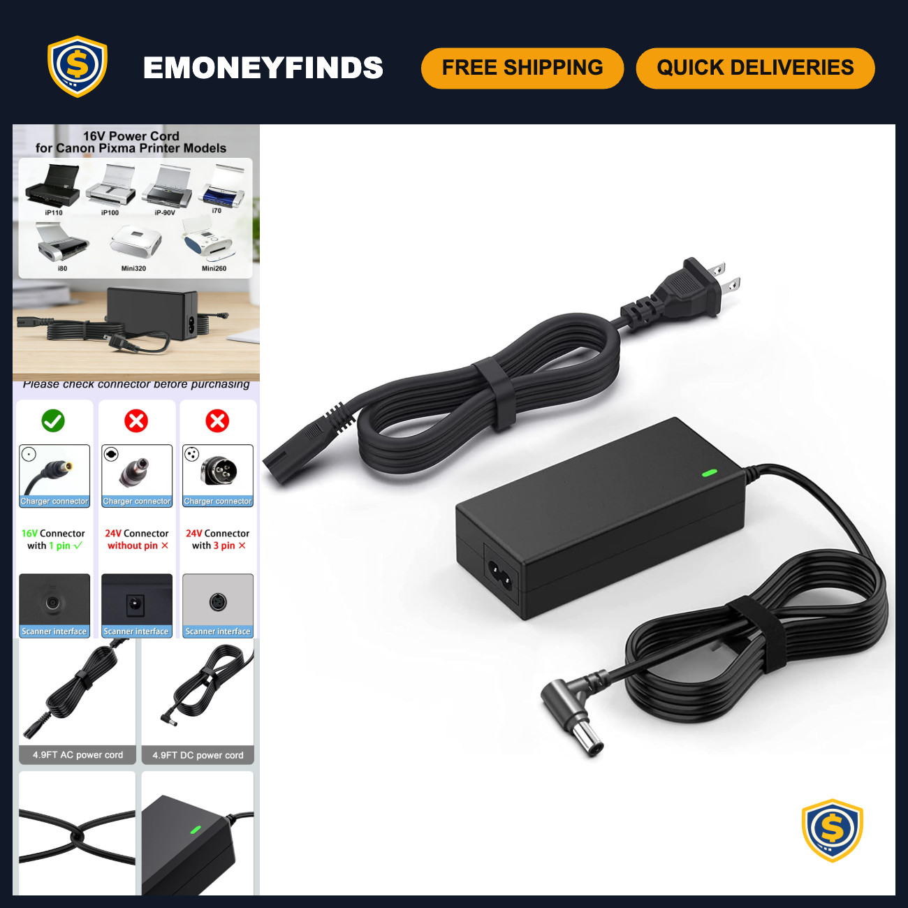 16V Power Adapter Cord for Canon Pixma iP100 iP110 iP90 i70 i80 Printer Charger