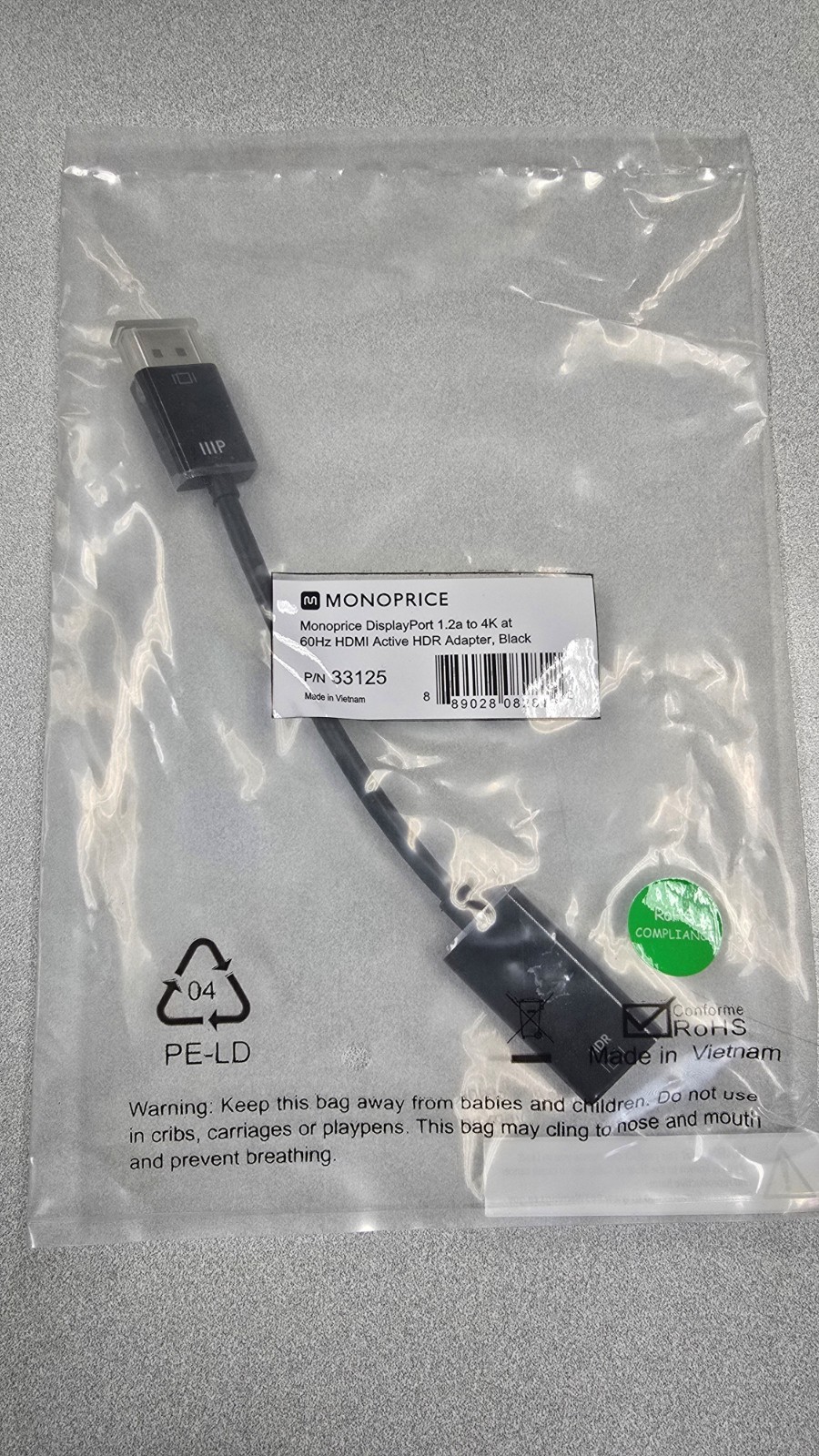 33125 - MONOPRICE DisplayPort 1.2a to 4K@60Hz HDMI Active HDR Adapter, Black