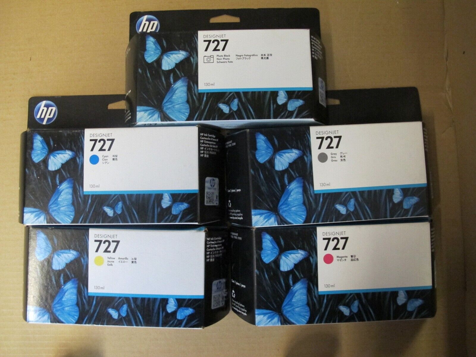 Lot of 5 Genuine HP DesignJet 727 Ink Cartridges 130ML EXP:2020, Full Set Sealed