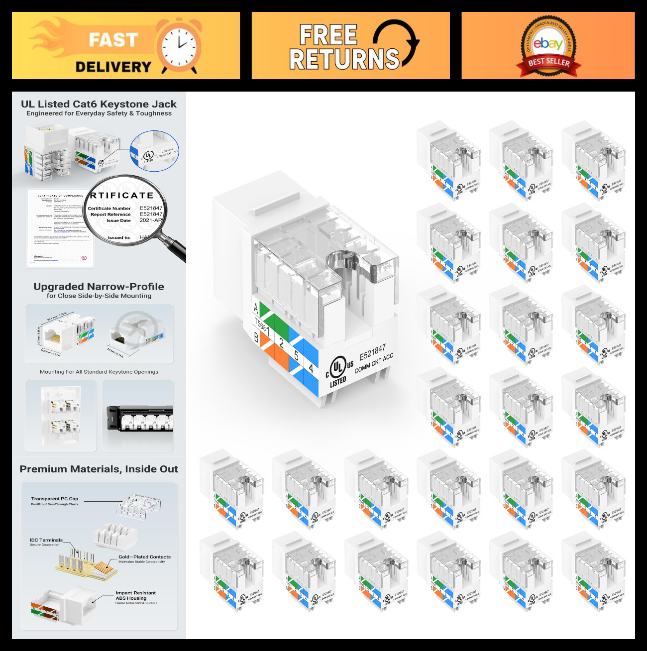 Cat6 Keystone Jacks 10Gbps, UL Listed, 25-Pack, White, Ethernet Network Connecto