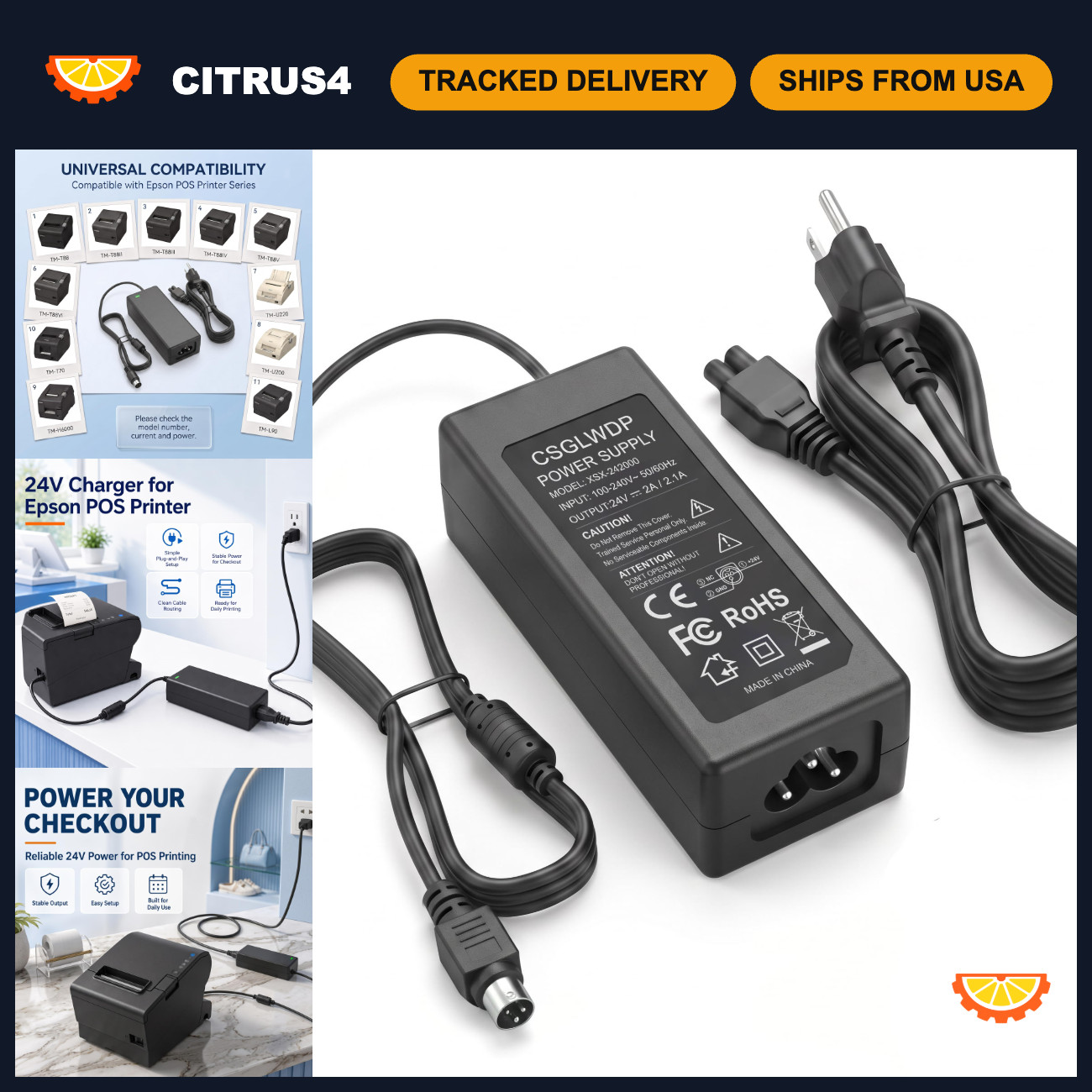 24V Universal Power Adapter for Epson TM Series, PS-180, PS-170, POS Printers