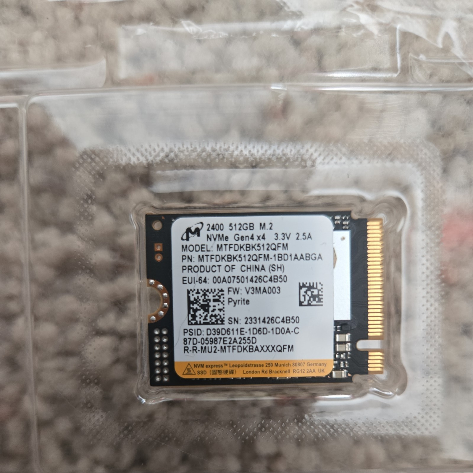 Micron 512GB SSD - 2400A M.2 2230 NVMe PCIe Gen4x4 MTFDKBK512QFM