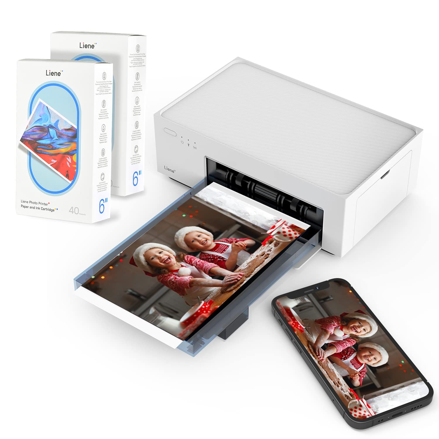 Liene 4x6'' Photo Printer Bundle (100 pcs +3 Ink Cartridges), Wi-Fi white
