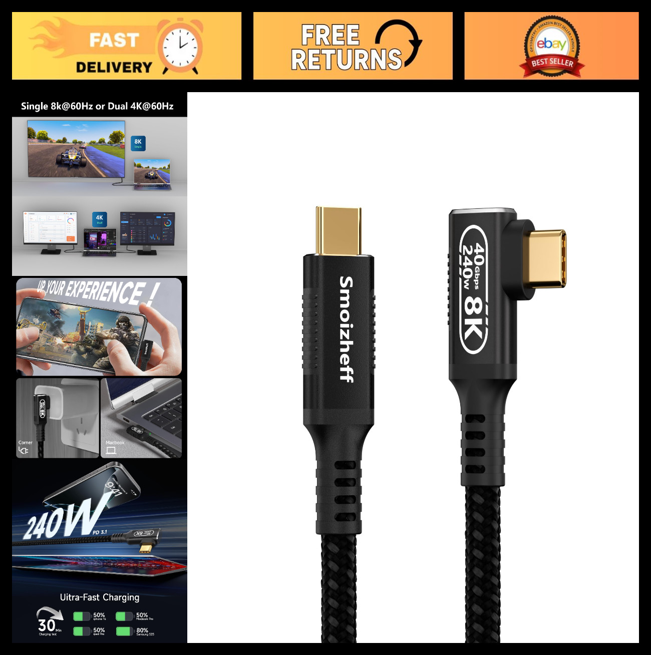 Thunderbolt 4 USB-C Cable 1.65ft 90-Degree Right Angle 40Gbps Data 240W PD 8K Vi