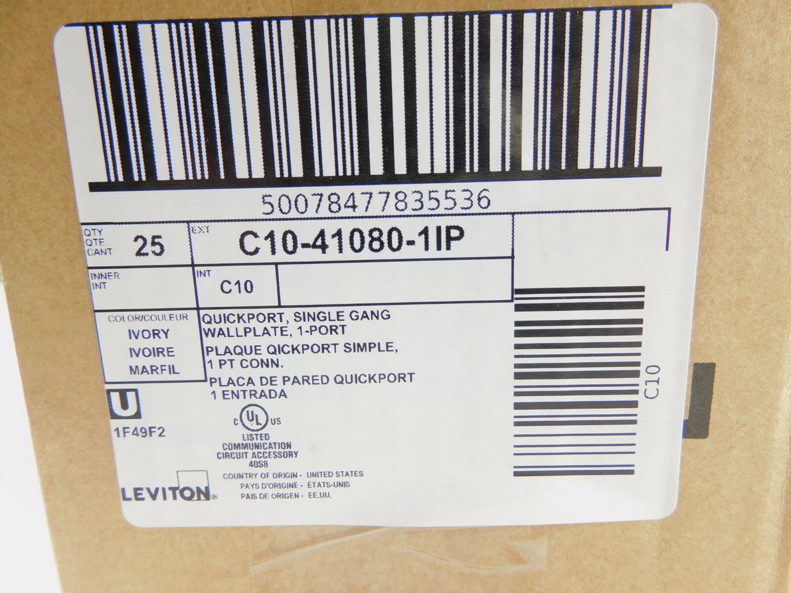 41080-1IP Leviton QuickPort Wallplate, Single Gang, 1-Port, Ivory - PACK OF 25