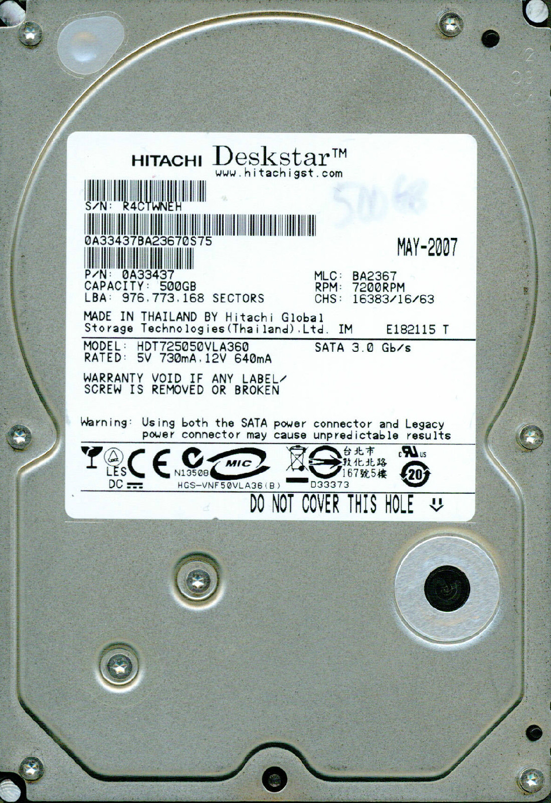 HITACHI SATA 500GB HDT725050VLA360 P/N: 0A33437 MLC: BA2367 