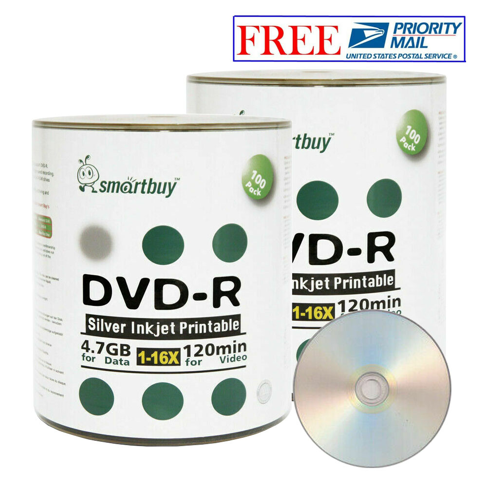 200 Pcs SmartBuy DVD-R DVDR 16X 4.7GB Silver Inkjet Hub Printable Record Disc