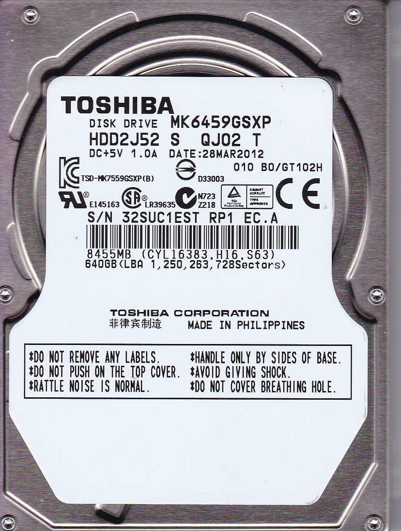 MK6459GSXP p/n: HDD2J52 S QJ02 T fw: B0/GT102H 640GB SATA 2.5" MAR 2012 TOSHIBA