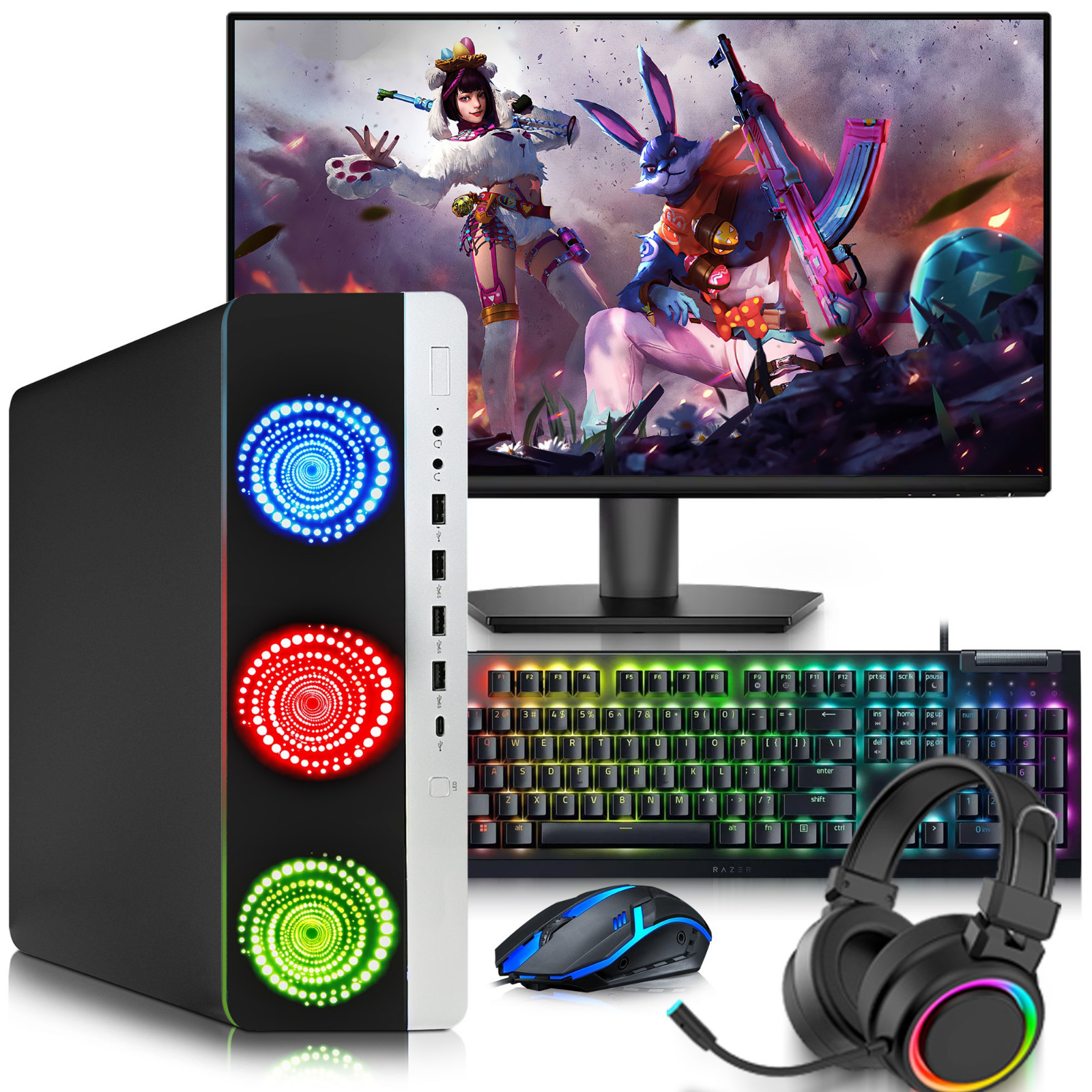 HP 800 G3 RGB Gaming PC Intel i5 32GB 1TB SSD HDD AMD RX-550 24”LED RGB-KB&M W11